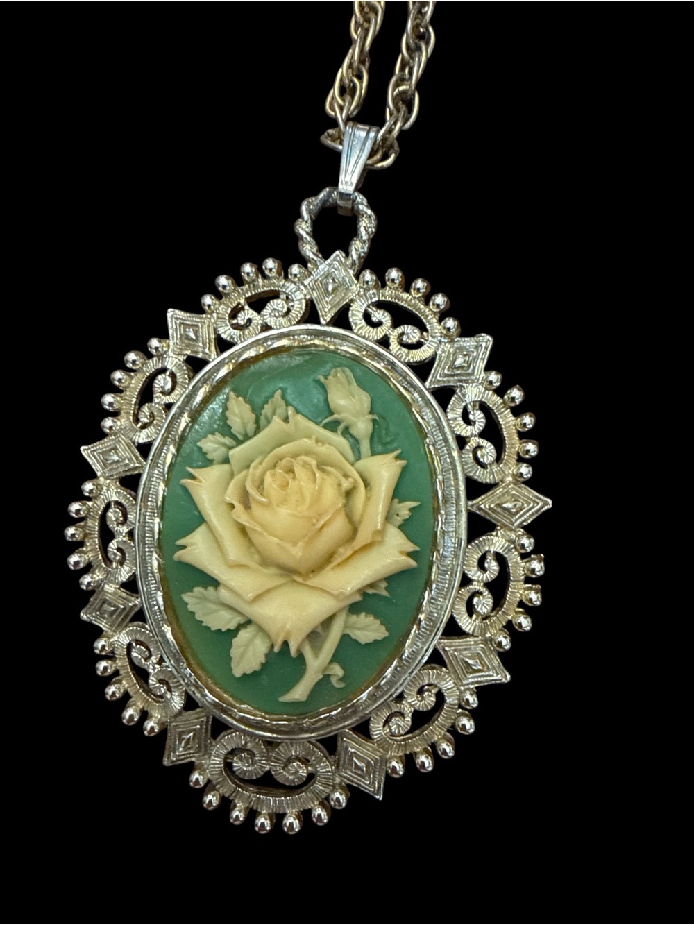 Vintage Victorian Revival Green Yellow Rose Cameo Filigree Pendant Necklace